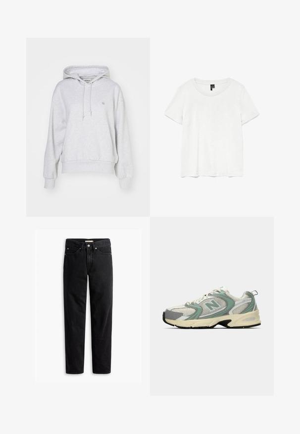Carhartt WIP HOODED CASEY - Hoodie - ash heather/silver; Witte t-shirt met korte mouwen en een ronde hals, gemaakt van lichte stof. Eenvoudig ontwerp, gladde textuur en rechte zoom.; Zwarte straight-leg jeans met knoop- en ritssluiting, riemlussen en voor- en achterzakken, plat gelegd op een witte achtergrond.; Witte en lichtgroene New Balance sport sneaker met mesh stof, beige zool en zwarte loopzool, zijaanzicht op een effen achtergrond.