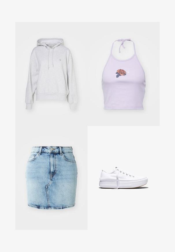 Carhartt WIP HOODED CASEY - Kapuutsiga pusa - ash heather/silver; Lilla nööriga crop top, mis on valmistatud puuvillast, sisaldab apelsini- ja tumesinisest roosi tikandit ning kaela juures sõlmimise võimalust.; Heled sinine teksaseelik, mis on ideaalsete vormidega, viie tasku, nööbi ja luku sulgemisega ning õmblemisega detailidega hemmi ääres.; Valge madala lõikega lõuendijalanõu, millel on paks platvormpõhi, ees nöörimine ja kummist tekstuuriga varbakate, kujutatud külgvaates.