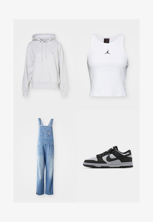 Carhartt WIP HOODED CASEY - Hættetrøje - ash heather/silver; Hvid cropped tanktop lavet af bomuld med ribbet tekstur. Har et sort Jordan-logo i midten og en klassisk rund halsudskæring.; Lysblå denim overalls med justerbare stropper, stor frontlomme og brede ben. Stoffet viser gradientvask effekt og små slidte detaljer.; Sorte og grå Nike Dunk low-top sneakers med perforeret tå, glatte læderdetaljer og gummisål med struktureret mønster.