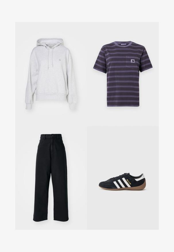 Carhartt WIP HOODED CASEY - Hættetrøje - ash heather/silver; Lilla stribet t-shirt med en lomme på venstre bryst, der har vandrette sorte striber. Blødt stof, korte ærmer, rund halsudskæring.; Sorte højtaljede vid ben jeans med frontlommer og knaplukning, præsenteret mod en plain hvid baggrund.; Sort ruskindssneaker med tre hvide striber, gummisål og et lille gyldent logo på siden. Har en glat sort foring indvendigt.