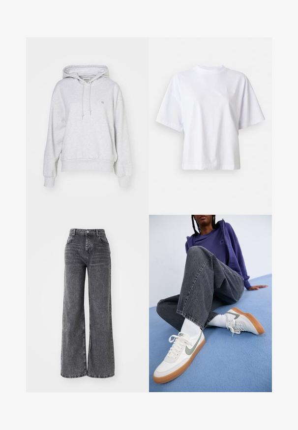 Carhartt WIP HOODED CASEY - Kapuzenpullover - ash heather/silver; Weißes Baumwoll-T-Shirt mit lockerer Passform, kurzen Ärmeln und geripptem Rundhalsausschnitt. Mit subtiler Markenkennzeichnung auf der Brust.; Weit geschnittene graue Denim-Hosen mit hoher Taille, die über die klassische Fünf-Taschen-Optik verfügen und ein dezentes, ausgewaschenes Finish aufweisen.; Weiße Nike-Sneaker mit grauen Akzenten, Gummisohle, getragen mit weißen Socken. Dunkelgraue, leicht verwaschene, weit geschnittene Jeans. Blauer Hintergrund.