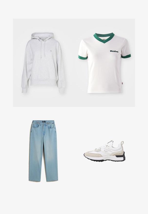 Carhartt WIP HOODED CASEY - Hoodie - ash heather/silver; Witte T-shirt met korte mouwen en groene V-hals en mouwafwerking; voorzien van het "Dickies" logo in donkergroen op de linkerkant van de borst. Gladde katoenen textuur.; Vans CINCHED CHECK - Baggy jeans - light stonewash; Witte en beige sneaker met suède en mesh materialen, textuuraccenten, een afgeronde neus en een rubberen zool. Voorzien van een logo aan de zijkant.