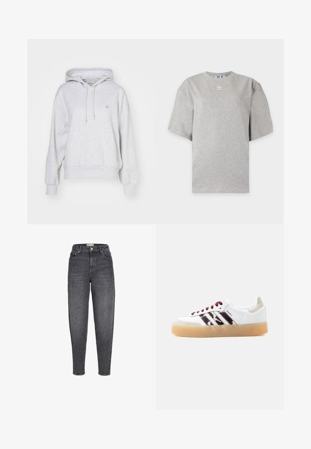 Carhartt WIP HOODED CASEY - Φούτερ με κουκούλα - ash heather/silver; Ανοιχτό γκρι κοντομάνικη μπλούζα Adidas με στρογγυλή λαιμόκοψη και μικρό λευκό λογότυπο Adidas στο στήθος, εμφανίζεται σε απλό φόντο.; Μαύρα τζιν με ψηλή μέση, κωνικό κόψιμο, μπροστινές τσέπες, θηλιές για ζώνη και κλείσιμο με κουμπί.; Λευκό αθλητικό παπούτσι Adidas Samba με σκούρες κόκκινες κορδόνια, μαύρες χνουδωτές ρίγες, μπεζ ταμπελάκι στη φτέρνα και διαφανές καουτσούκ σε σόλα, εμφανιζόμενο από αριστερή πλευρά.
