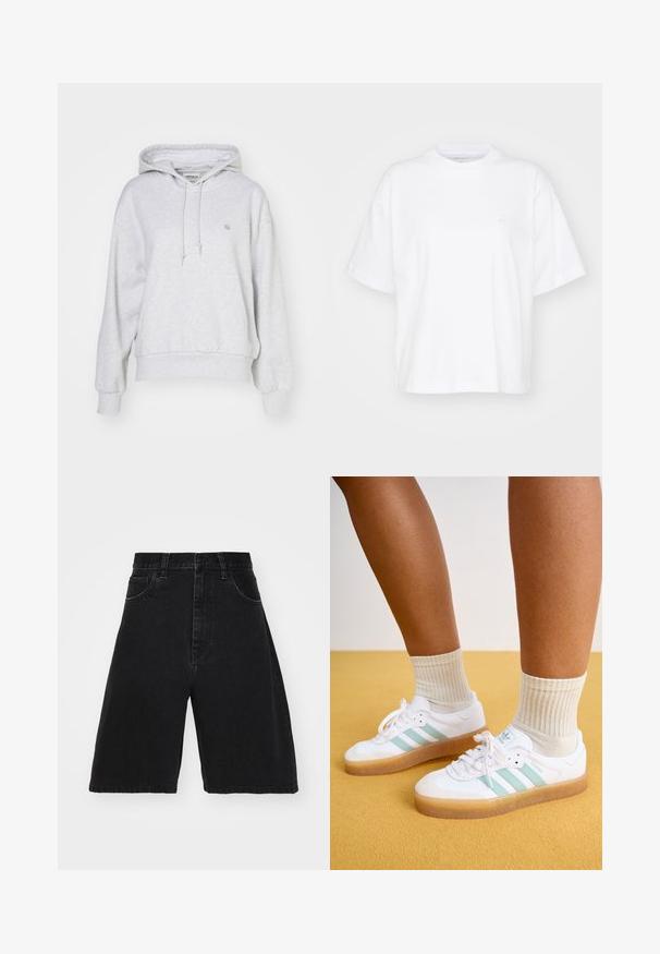 Carhartt WIP HOODED CASEY - Hættetrøje - ash heather/silver; Hvid bomulds t-shirt med rund hals, korte ærmer og en afslappet pasform. Har et diskret logo på venstre brystområde. Glat tekstur.; Sorte denimshorts med høj talje og vidde ben, der har fem lommer og knaplukning. Glat tekstur med minimal falming.; Hvite sneakers med mintgrønne striber, gummisål og snørebånd, parret med ribbede cremefarvede sokker. Sat mod en gul baggrund.