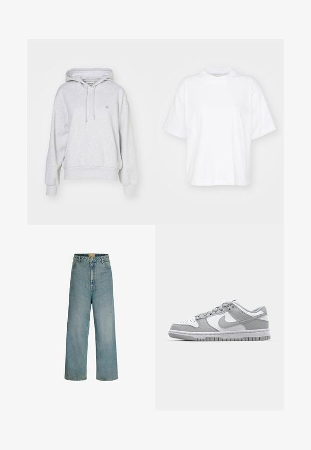 Carhartt WIP HOODED CASEY - Φούτερ με κουκούλα - ash heather/silver; Λευκή βαμβακερή μπλούζα με στρογγυλή λαιμόκοψη, κοντά μανίκια και άνετη εφαρμογή. Διαθέτει μια διακριτική λογότυπο στην αριστερή περιοχή του στήθους. Λείος υφή.; Ανοιχτό μπλε τζιν με ψηλή μέση και φαρδιά μπατζάκια, με κούμπωμα μπροστά με κουμπιά, θηλιές για ζώνη και κλασικό σχέδιο με πέντε τσέπες.; Γκρι και λευκά χαμηλά αθλητικά παπούτσια με δερματικά και σουέτ υλικά, τρυπητό σχήμα στην μύτη και ελαστική σόλα. Περιλαμβάνει το χαρακτηριστικό λογότυπο swoosh.