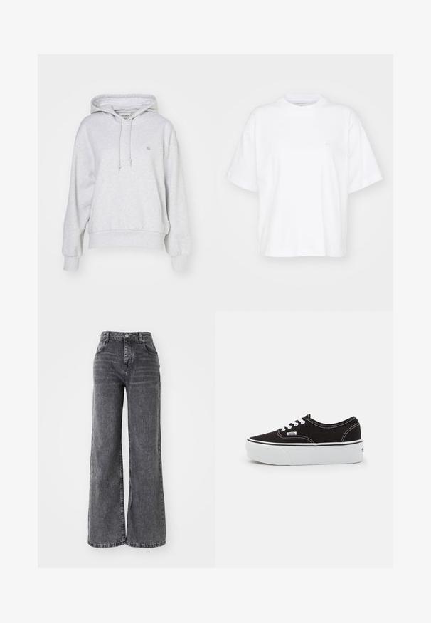 Carhartt WIP HOODED CASEY - Φούτερ με κουκούλα - ash heather/silver; Λευκή βαμβακερή μπλούζα με στρογγυλή λαιμόκοψη, κοντά μανίκια και άνετη εφαρμογή. Διαθέτει μια διακριτική λογότυπο στην αριστερή περιοχή του στήθους. Λείος υφή.; Φαρδιά γκρι τζιν παντελόνια με ψηλή μέση, διαθέτουν παραδοσιακό στυλ πέντε τσέπες και μια διακριτική ξεθωριασμένη φινίρισμα.; Μαύρο καστόρινο αθλητικό παπούτσι με λευκή καουτσούκ πλατφόρμα, που διαθέτει λευκές κορδόνες και ραφές, εμβληματική σήμανση στο πλάι, σε χαμηλό σχεδιασμό.