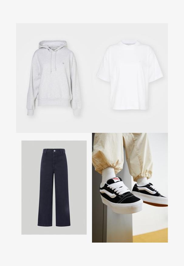 Carhartt WIP HOODED CASEY - Mikina s kapucňou - ash heather/silver; Biela bavlnená tričko s okrúhlym výstrihom, krátkymi rukávmi a voľným strihom. Obsahuje jemné logo na ľavej strane hrude. Hladká textúra.; Široké nohavice v námornickej modrej farbe, vyrobené z hladkej zmesi bavlny, s predným zapínaním na gombík a prešitými detailmi pozdĺž pásu a vreciek.; Osoba nosiaca čierno-biele tenisky Vans s bielymi šnúrkami, bielymi ponožkami a béžové nohavice s elastickými lemami.