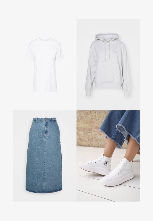 Carhartt WIP HOODED CASEY - Hættetrøje - ash heather/silver; Hvid bomulds t-shirt med korte ærmer, rund hals og en afslappet pasform, med en glat tekstur og uden synlige mønstre.; Obey Clothing JUNIPER MIDI SKIRT - A-snit nederdel - stonewash indigo; Person iført hvide høje Converse-sneakers med tykke såler og beskårne blå jeans med flossede kanter mod en murstensvæg og hvidt gulv.