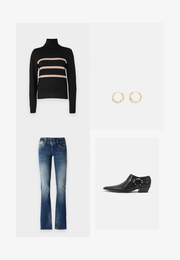 VILA VIKERRY ROLLNECK PULLOVER/KA - Strickpullover - black/natural; Blaue Jeans mit weitem Bein, die eine leicht ausgewaschene Optik, einen Zwei-Knopf-Verschluss und dekorative Nähte an den vorderen Taschen aufweisen.; Schwarze Leder-Ankle-Boots mit spitzem Zeh, ausgestattet mit einem vorderen Leder-Riemen und einem silbernen Schnallendetail sowie einem niedrigen Blockabsatz.; Goldene Creolen mit einer strukturierten, unregelmäßigen Oberfläche. Sie verfügen über ein leichtes Design und eine runde Form, die sich für den täglichen Gebrauch eignet.