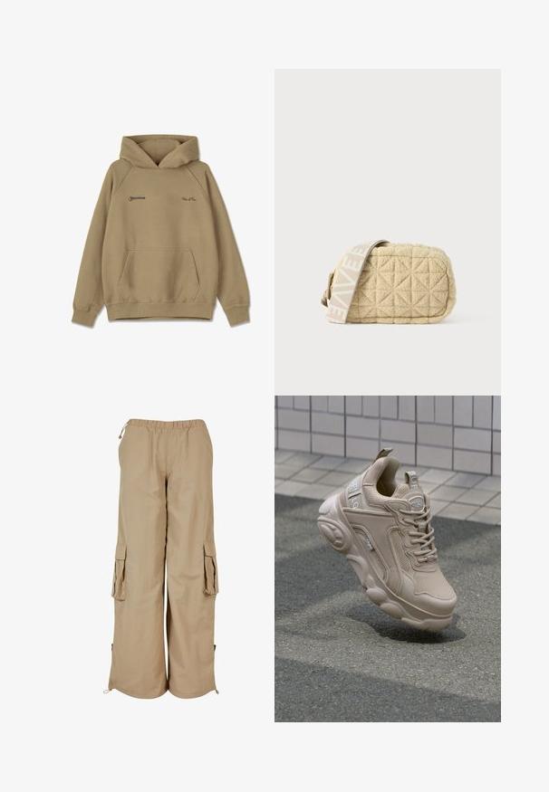 Μπεζ φούτερ με κουκούλα από fleece, διαθέτει μπροστινή τσέπη, ριβέ περιθώρια και κεντημένα λογότυπα στο στήθος.; Μπεζ cargo παντελόνια με ελαστική ζώνη στη μέση, δύο πλευρικές τσέπες και λεπτομέρειες από δίχτυ; φτιαγμένα από ελαφρύ, υφασμάτινο υλικό.; Μπεζ αθλητικό παπούτσι με επάνω μέρος από δίχτυ και συνθετικό υλικό, μαξιλαρωμένο κολάρο και χοντρή σόλα με υφή. Ορατό λογότυπο στο πλάι.; Βελουτέ μπεζ τσάντα με ορθογώνιο σχήμα, διακοσμημένη με μια σχεδιασμένη ανοιχτόχρωμη ζώνη. Κατασκευασμένη από απαλό υλικό με διαμαντένιες λεπτομέρειες.