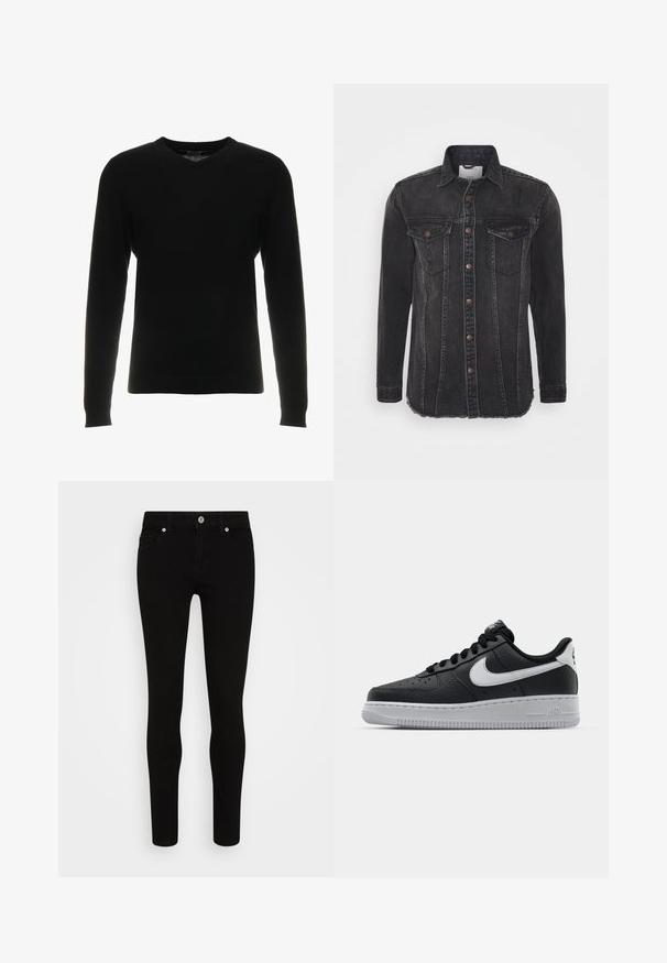 Sort v-hals sweater, lange ærmer, ribstrikkede manchetter og kant, fremstillet af et glat, subtilt tekstureret stof. Klassisk og alsidigt design.; Sort denimjakke med lange ærmer, knaplukning, to brystlommer og frynset kant. Har subtil falming og syede detaljer.; Sorte skinny jeans med en glat tekstur, fem lommer, frontlukning med knap og en slank silhuet. Minimalistisk stil uden synlige mønstre.; Sort lædersneaker med tekstureret overflade, hvid Nike swoosh, grå sål, rund tå og snørebåndsdesign. Har perforeringer på tåboksen.