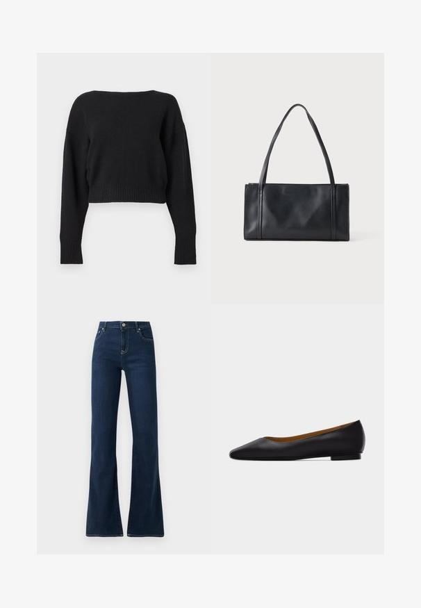 Sort langærmet cropped sweater med bred halsudskæring og ribstrikkede ærmeafslutninger og kant, vist på en ensartet lysegrå baggrund.; Mørkeblå flagrende jeans med høj talje, lavet af denimstof. Har to forlommer og kontrastsyninger langs sømmen.; Sort læder flad sko med spids tå, lav hæl og glat finish, vist fra siden på en lysegrå baggrund.; Sort rektangulær lædertaske med to tynde skulderremme mod en ensartet lys baggrund.
