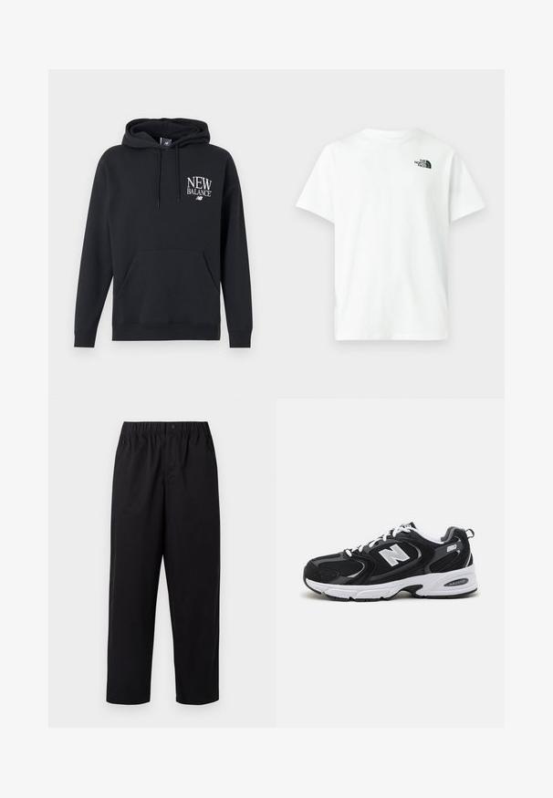Zwarte New Balance hoodie met een voorzak en witte logotekst op de linkerborst, voorzien van een verstelbare capuchon met trekkoord.; Wit katoenen T-shirt met korte mouwen en een ronde hals, met een klein zwart logo van The North Face op de linkerborst.; Zwarte, wijde broeken met een elastische tailleband en een enkele knoop. Gemaakt van een gladde, lichte stof. Rechte zoom.; Zwarte en grijze sport schoenen met een bovenwerk van mesh en suede, voorzien van een witte tussenzool, veters en een gedurfde "N"-logo aan de zijkant.