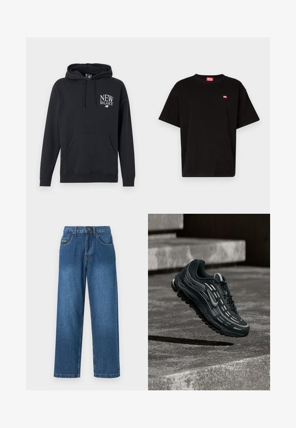 Sort New Balance-hættetrøje med frontlomme og hvidt logotekst på venstre bryst, med justerbar snøre i hætten.; Sort bomulds T-shirt med rund halsudskæring, korte ærmer og et lille rødt Diesel-logo på brystet. Lige nederste kant, minimalistisk design.; Denim jeans i en mellemblå vask med lige ben, fem lommer og gule stikninger.; Sort og grå Nike Air Max sneaker, der flyder over grå betontrin med tekstureret jordbaggrund.