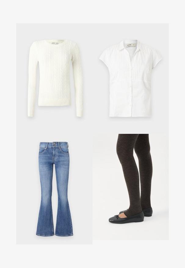 Jersey blanco de punto cable con mangas largas, cuello redondo y dobladillo acanalado. Hecho de tela texturizada con una forma clásica y ajustada.; Camisa blanca de manga corta con cierre de botones, presenta rayas verticales finas en la parte superior y una sección inferior lisa. Material de algodón.; Vaqueros de denim azul de corte acampanado con una cintura de media altura, cinco bolsillos y un lavado claro. Presentan un suave desvanecimiento y costuras en contraste.; Piernas con leggings oscuros acanalados combinados con bailarinas negras que presentan pequeños detalles de lazo sobre un fondo blanco.