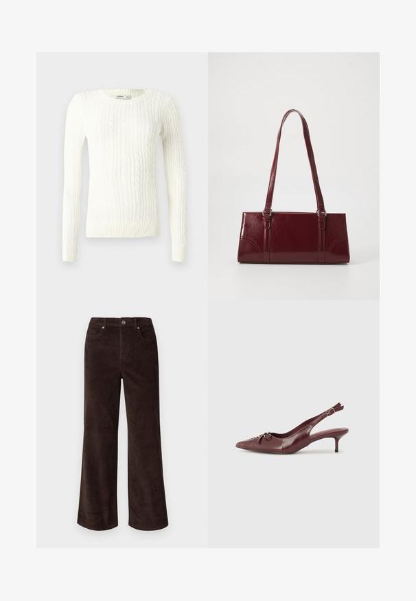 Hvid kabelstrikket sweater med lange ærmer, rund halsudskæring og ribbet kant. Fremstillet af tekstureret stof med en klassisk, tætsiddende pasform.; Vero Moda Petite VMTESSA PANTS - Bukser - chocolate torte; Bordeaux læder slingback hæl med spidse tå, justerbar rem og dekorativ sløjfedetalje foran. 7,5 cm hælhøjde.; Bordeaux håndtaske lavet af glansfuldt materiale, rektangulær form, med to skulderremme og subtile buede detaljer på forsiden.