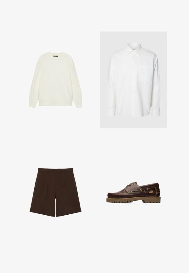 Pull blanc à manches longues avec col rond, poignets et ourlet côtelés, présenté sur un fond blanc uni.; Chemise blanche à manches longues boutonnée avec col et une seule poche poitrine, présentée sur un fond neutre, sans branding visible.; Shorts marron foncé coupés au genou, cintrés avec passants de ceinture et plis sur le devant, présentés à plat sur fond blanc.; Chaussure bateau en cuir marron à lacets avec des détails cousus et une semelle en caoutchouc épaisse, vue de côté.