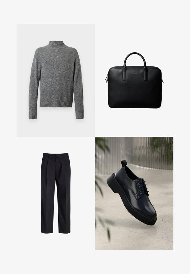 Grijs gespikkeld gebreid sweater met een hoge hals, lange mouwen en geribbelde manchetten en zoom.; Zwarte broek met rechte pijpen, voorzien van een tailleband, riemlussen, een ritssluiting aan de voorkant en zijzakken, afgebeeld op een witte achtergrond.; Zwarte leren schoen met een ronde neus, vetersluiting en een dikke rubberen zool met een gestructureerde rand. Strakke afwerking en minimale hardware.; Zwarte gestructureerde leren aktetas met dubbele handvatten en zilveren ritstrekkers, gecentreerd op een witte achtergrond.
