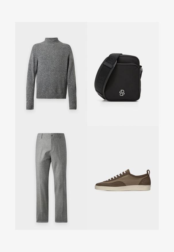 Suéter de punto gris jaspeado con cuello alto, mangas largas y puños y dobladillo acanalados.; Pantalones grises texturizados con un diseño de pierna recta, que presentan un cierre frontal con botón y cremallera. Detalle sutil de patrón de espiga.; Zapatilla baja marrón con cordones blancos, suela beige, parte superior de tela y ante, lengüeta lateral y logo "Tiger of Sweden" en texto dorado.; Bolso cruzado negro en tejido texturizado con cierre de cremallera. Presenta un acento de logo y una correa ajustable con un patrón. Diseño compacto en forma de cuadrado.