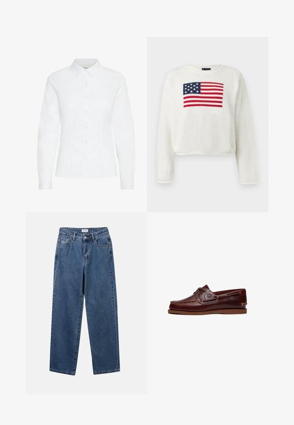 Pull blanc en maille avec un col rond et un motif tricoté du drapeau américain sur la poitrine, avec les couleurs rouge, blanc et bleu.; Chemise blanche à boutons, en tissu lisse. Présente des manches longues, un col classique et six boutons à l'avant avec une coupe ajustée.; Jean en denim bleu classique avec une coupe droite, cinq poches et une fermeture par bouton. Présente un lavage moyen et une texture robuste.; Chaussure bateau en cuir marron avec lacets, détails de couture et logo Timberland sur le côté, présentée sur un fond blanc.