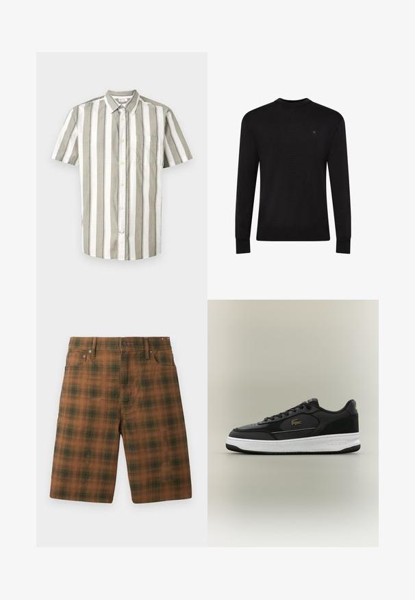 Pull noir à manches longues avec col rond, petit logo discret sur la partie supérieure gauche de la poitrine et poignets et bas côtelés.; Chemise à manches courtes avec boutons, rayée beige clair et blanche, dotée d'une poche, fabriquée dans un tissu léger, avec un col.; Shorts à carreaux marron avec un motif texturé, présentant une coupe classique, cinq poches et des accessoires en métal à la taille.; Baskets basses noires avec semelle blanche, logo crocodile doré de Lacoste sur le côté, lacets noirs et talon texturé, posées sur un fond neutre.