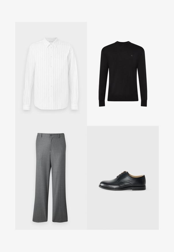 Pull noir à manches longues avec col rond, petit logo discret sur la partie supérieure gauche de la poitrine et poignets et bas côtelés.; Chemise blanche à manches longues avec des rayures verticales grises, col boutonné, boutons sur le devant et manches à poignets. Texture de tissu lisse.; Pantalons gris à rayures fines avec une coupe décontractée, dotés d'une fermeture à bouton, de passants de ceinture et de subtiles rayures bleu clair tout au long.; Calvin Klein ESS DERBY - Derbies - triple black