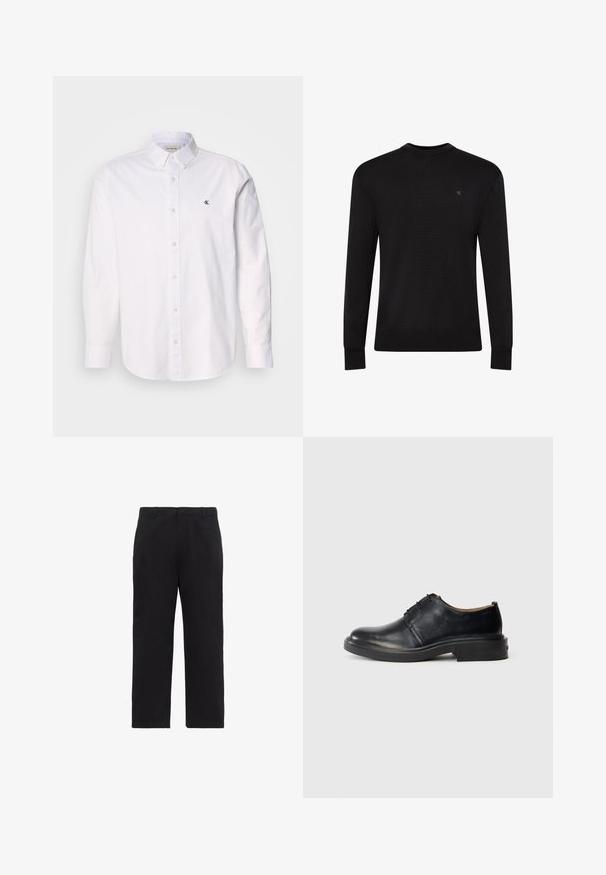 Jersey negro de manga larga con cuello redondo, pequeño logo sutil en la parte superior izquierda del pecho y puños y bajo acanalados.; Camisa blanca de algodón, con cuello clásico, mangas largas y un pequeño logo de CK en el lado izquierdo del pecho. Textura suave.; Pantalones negros de pierna recta con trabillas para cinturón, cremallera frontal y bolsillos laterales, mostrados sobre un fondo blanco.; Zapato oxford de cuero negro con punta redonda, cordones en la parte frontal y tacón bajo y apilado sobre un fondo claro y liso.