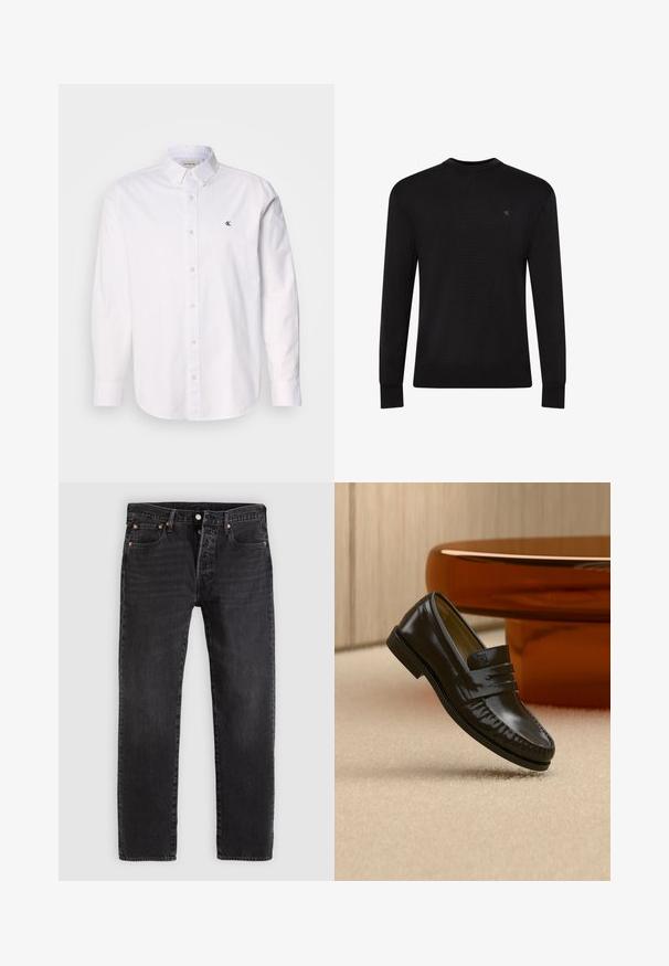 Zwarte trui met lange mouwen en ronde hals, met een klein subtiel logo op de bovenste linkerborst en geribbelde manchetten en zoom.; Witte button-up shirt gemaakt van katoen, met een klassieke kraag, lange mouwen en een klein CK-logo op de linkerborst. Glad oppervlak.; Zwarte denim jeans met een rechte pasvorm, voorzien van twee voorzakken, een muntenzakje en metalen klinknagels. Klassiek ontwerp met vijf zakken.; Glanzende zwarte leren loafer met een banddetail, geplaatst op een beige tapijt naast een ronde bruine salontafel in een zacht verlichte kamer.