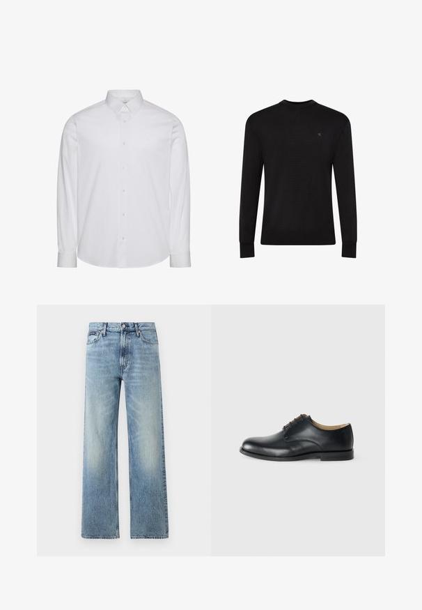 Jersey negro de manga larga con cuello redondo, pequeño logo sutil en la parte superior izquierda del pecho y puños y bajo acanalados.; Camisa blanca de manga larga con botones, hecha de algodón. Presenta un cuello estándar, tapeta frontal con botones y dobladillo redondeado. Logo de la marca discreto.; Vaqueros de mezclilla azul claro de corte recto con cintura alta, cinco bolsillos, cierre de botón y sutil desgaste en los muslos y las rodillas.; Calvin Klein ESS DERBY - Zapatos de vestir - triple black