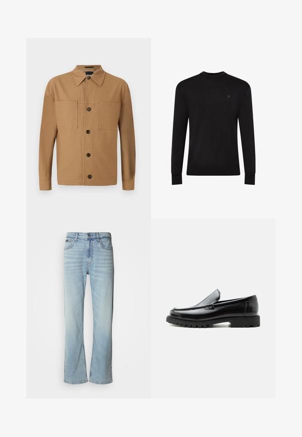 Sort langærmet sweater med rund hals og lille diskret logo på venstre øvre bryst samt ribbet manchetter og kant.; BOSS CRAIG - Skjorter - medium beige; Lyseblå denimjeans med lige ben, der har fem lommer, knaplukning og en subtil falmning på stoffet.; Sort læderloafer med chunky gummisål, syet overdel og præget mærkenavn på hælen, vist i sideprofil på hvid baggrund.