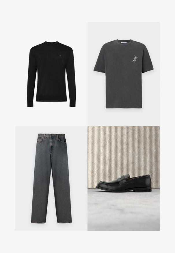 Sort langærmet sweater med rund hals og lille diskret logo på venstre øvre bryst samt ribbet manchetter og kant.; Mørkegrå kortærmet t-shirt lavet af bomuld, med en lille hvid blomsterbroderi på venstre brystområde. Rund halsudskæring, afslappet pasform.; Mørkegrå denimjeans med lige ben, fem lommer og en knap- og lynlås-lukning. Stofmet har diskret falming og syninger.; Sort læderloafer med metalbrandskilt hvilende nær et brunt rundt bord på beige tæppe.