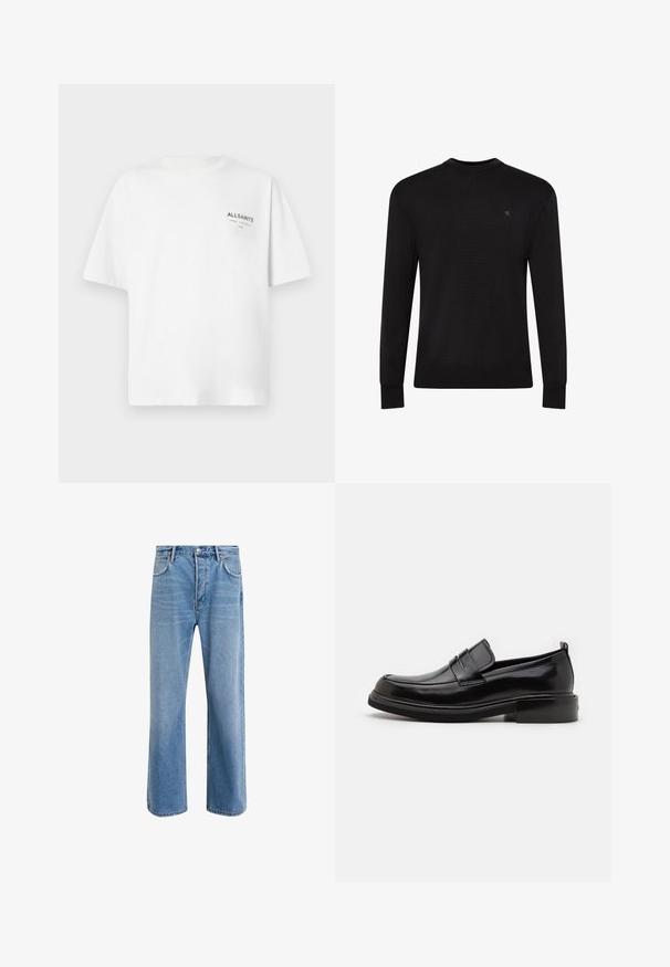 Sort langærmet sweater med rund hals og lille diskret logo på venstre øvre bryst samt ribbet manchetter og kant.; Hvid kortærmet bomulds T-shirt med lille sort "ALLSAINTS" tekst og japanske tegn trykt på venstre bryst.; Lyseblå denim jeans med lige ben-design, fem lommer, knaplukning, minimal falming og kontraststingdetaljer.; Calvin Klein MOCCASIN - Business loafers - black