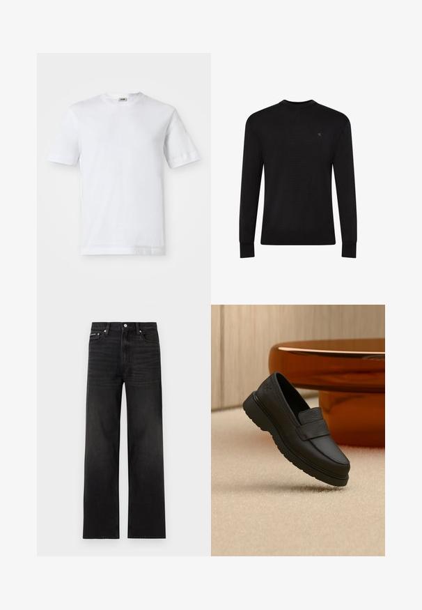 Zwarte trui met lange mouwen en ronde hals, met een klein subtiel logo op de bovenste linkerborst en geribbelde manchetten en zoom.; Witte katoenen t-shirt met korte mouwen, ronde hals en een soepele textuur. Geen patronen of accenten zichtbaar.; Zwarte jeans met rechte pijpen, vijf zakken, riemlussen en knoopsluiting, weergegeven op een witte achtergrond.; Zwarte leren loafer met dikke zool die boven een beige tapijt zweeft, met een ronde bruine tafel op de achtergrond.