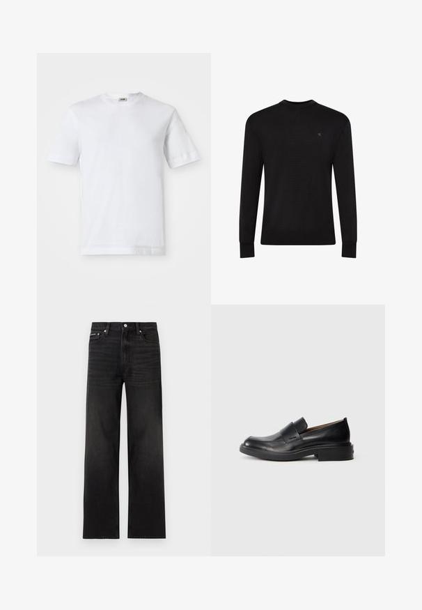 Jersey negro de manga larga con cuello redondo, pequeño logo sutil en la parte superior izquierda del pecho y puños y bajo acanalados.; Camiseta de algodón blanca con mangas cortas, escote redondo y una textura suave. No se observan patrones ni detalles.; Jeans negros de pierna recta con diseño de cinco bolsillos, presillas para cinturón y cierre de botón, mostrados sobre un fondo blanco.; Zapato de vestir negro de cuero sin cordones con tacón bajo y un sutil logo de Calvin Klein en el lateral, mostrado en perfil sobre un fondo blanco.