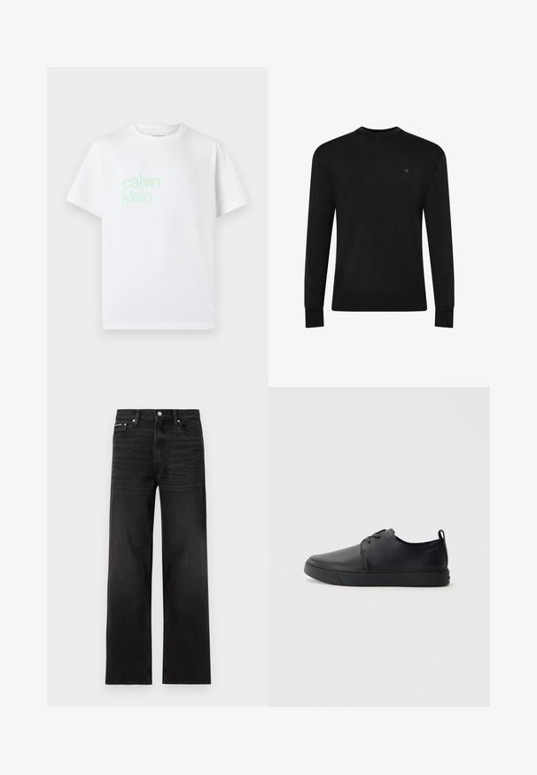 Sort langærmet sweater med rund hals og lille diskret logo på venstre øvre bryst samt ribbet manchetter og kant.; Hvid bomulds t-shirt med korte ærmer. Har et lysegrønt "calvin klein" logo trykt foran. Standard crew neck design.; Sorte jeans med lige ben, fem-lomme design, bæltestropper og knaplukning, vist på en hvid baggrund.; Sorte lædersneakers med en glat finish, rund tå, tonalt syning, snøring foran og en flad gummisål. Løkke ved hælen.