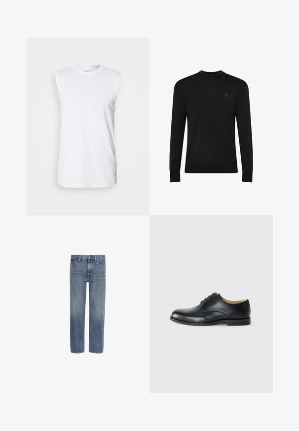 Pull noir à manches longues avec col rond, petit logo discret sur la partie supérieure gauche de la poitrine et poignets et bas côtelés.; Débardeur en coton blanc sans manches avec un col rond et une étiquette tissée discrète sur l'ourlet. Texture lisse, coupe ample et design simple.; Jean en denim bleu à jambes droites, avec poches avant, passants de ceinture et fermeture par bouton.; Calvin Klein ESS DERBY - Derbies - triple black