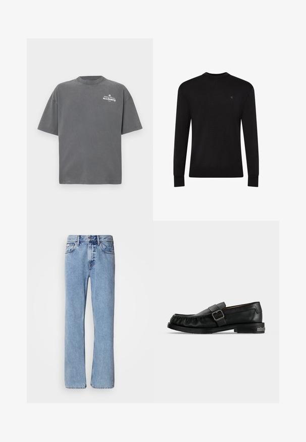 Jersey negro de manga larga con cuello redondo, pequeño logo sutil en la parte superior izquierda del pecho y puños y bajo acanalados.; Camiseta de manga corta de color gris oscuro con cuello redondo y pequeño logo blanco "ALLSAINTS" en la parte superior izquierda del pecho.; Jeans de mezclilla azul claro con un diseño de pierna recta, cinco bolsillos y cierre de botón. Detalles de costura cerca de los bolsillos y la cintura.; Mocasín negro de cuero con una correa de hebilla, detalles cosidos alrededor de la puntera y un tacón bajo con un detalle metálico.
