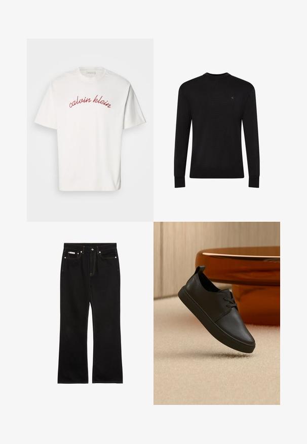 Sort langærmet sweater med rund hals og lille diskret logo på venstre øvre bryst samt ribbet manchetter og kant.; Hvid bomulds t-shirt med korteærmer, der har buet rød broderet tekst "calvin klein" tværs over brystet. Klassisk crew neck design.; Sorte jeans med lige ben, orange syning, fem lommer, knaplukning og et lille Calvin Klein-mærke på den forreste højre lomme.; Sort lædersneaker til hverdag med snørebånd, svævende over beige tæppe med et rundt bord af ravfarvet glas i baggrunden.
