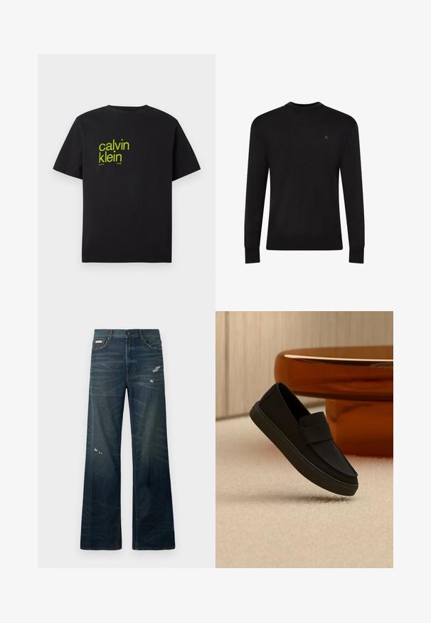 Jersey negro de manga larga con cuello redondo, pequeño logo sutil en la parte superior izquierda del pecho y puños y bajo acanalados.; Camiseta de algodón negra con texto amarillo que dice "calvin klein" y "nueva york desde 1968" en una fuente moderna y audaz. Mangas cortas.; Jeans de mezclilla oscura de pierna ancha, con desvanecimientos claros y áreas desgastadas. Cuenta con un cierre de botón y un diseño clásico de cinco bolsillos.; Zapato mocasín negro sin cordones flotando sobre una alfombra beige con muebles redondeados marrón brillante al fondo.