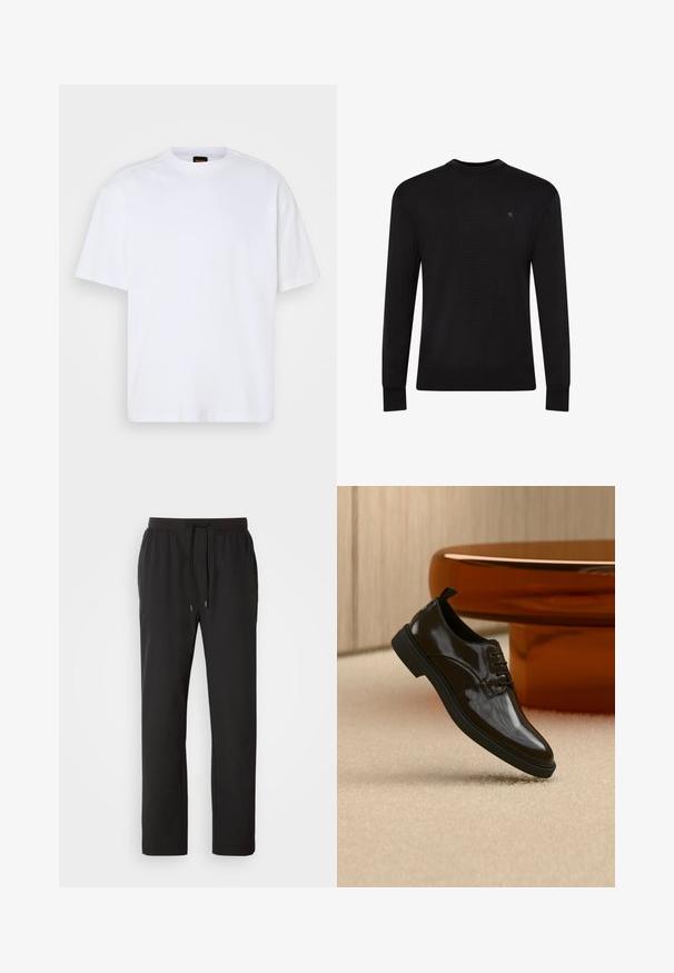 Jersey negro de manga larga con cuello redondo, pequeño logo sutil en la parte superior izquierda del pecho y puños y bajo acanalados.; Camiseta de algodón blanca con cuello redondo, mangas cortas y un corte relajado. Presenta costuras de hombro texturizadas para un detalle adicional.; Pantalones de chándal negros hechos de tela ligera, con una cintura elástica y cordones ajustables, además de bolsillos laterales. Textura suave.; Zapato de vestir negro brillante de cuero con cordones flotando sobre una alfombra beige con una mesa redonda marrón brillante al fondo.