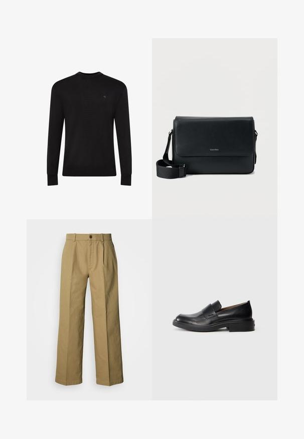 Pull noir à manches longues avec col rond, petit logo discret sur la partie supérieure gauche de la poitrine et poignets et bas côtelés.; Pantalon large beige en coton, avec une fermeture à boutons, trois plis et des ourlets droits pour une coupe décontractée.; Chaussure habillée noire en cuir, à enfiler, avec un petit talon et un logo Calvin Klein discret sur le côté, présentée de profil sur un fond blanc.; Sac messager en cuir noir à surface texturée, avec une bandoulière ajustable et un rabat avant affichant un logo discret. Forme compacte et rectangulaire.