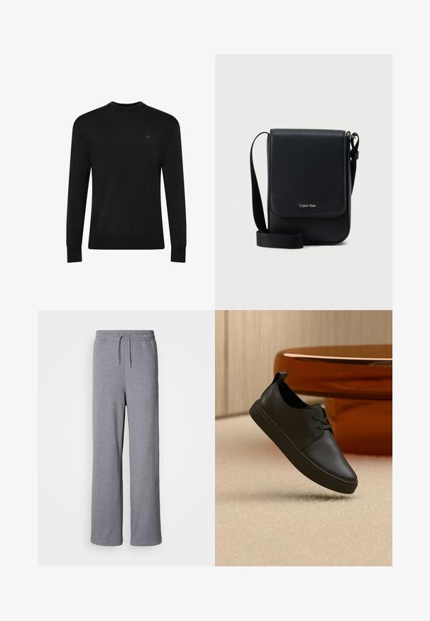 Sort langærmet sweater med rund hals og lille diskret logo på venstre øvre bryst samt ribbet manchetter og kant.; Grå, brede sweatpants lavet af blødt materiale; har en elastisk talje med snøre og ingen lommer. Enkelt, udekoreret design.; Sort lædersneaker til hverdag med snørebånd, svævende over beige tæppe med et rundt bord af ravfarvet glas i baggrunden.; Sort Calvin Klein crossbody-taske med klap, justerbar rem og lille guldlogo på forsiden, mod en ens hvid baggrund.