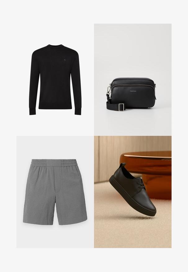 Pull noir à manches longues avec col rond, petit logo discret sur la partie supérieure gauche de la poitrine et poignets et bas côtelés.; Shorts gris avec une taille élastique, en tissu texturé et à coupe droite. Dispose de deux poches latérales et d'un motif subtil.; Baskets décontractées en cuir noir avec lacets, flottant au-dessus d'un tapis beige, avec une table en verre ambré arrondie en arrière-plan.; Sac en cuir noir à bandoulière avec deux compartiments zippés, finition texturée, sangle ajustable et accents en métal argenté. Logo Calvin Klein affiché.