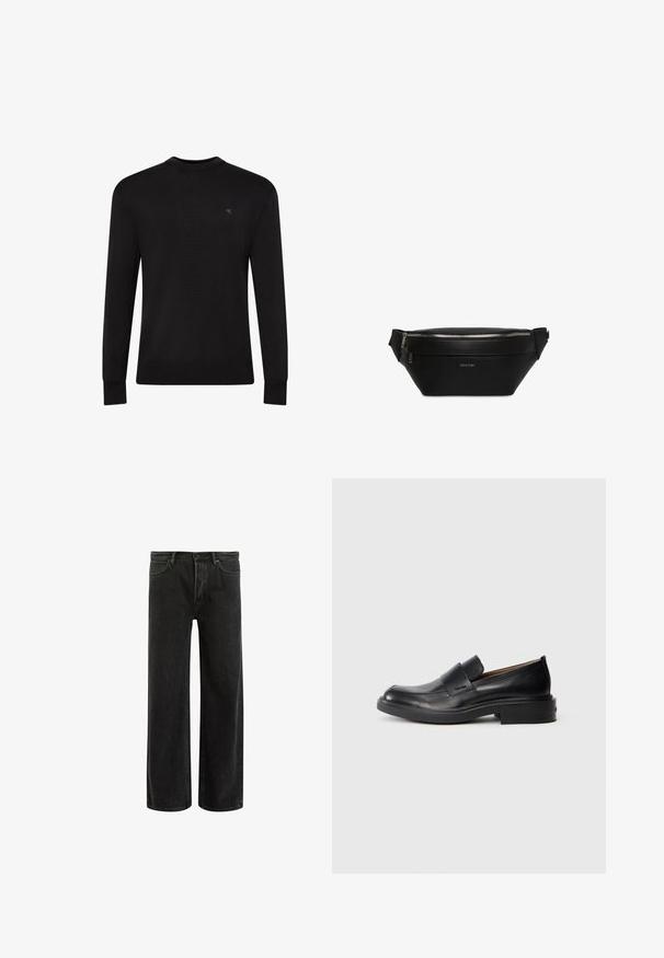 Sort langærmet sweater med rund hals og lille diskret logo på venstre øvre bryst samt ribbet manchetter og kant.; Sorte denim bredde ben jeans med høj talje, med klassisk fem-lomme design og subtil falmning for et tekstureret udseende.; Sorte læder slip-on dress sko med lav hæl og subtil Calvin Klein logo på siden, vist i profil på en hvid baggrund.; Sort Calvin Klein læder-bæltetaske med toplynlås og justerbare sidelommer.