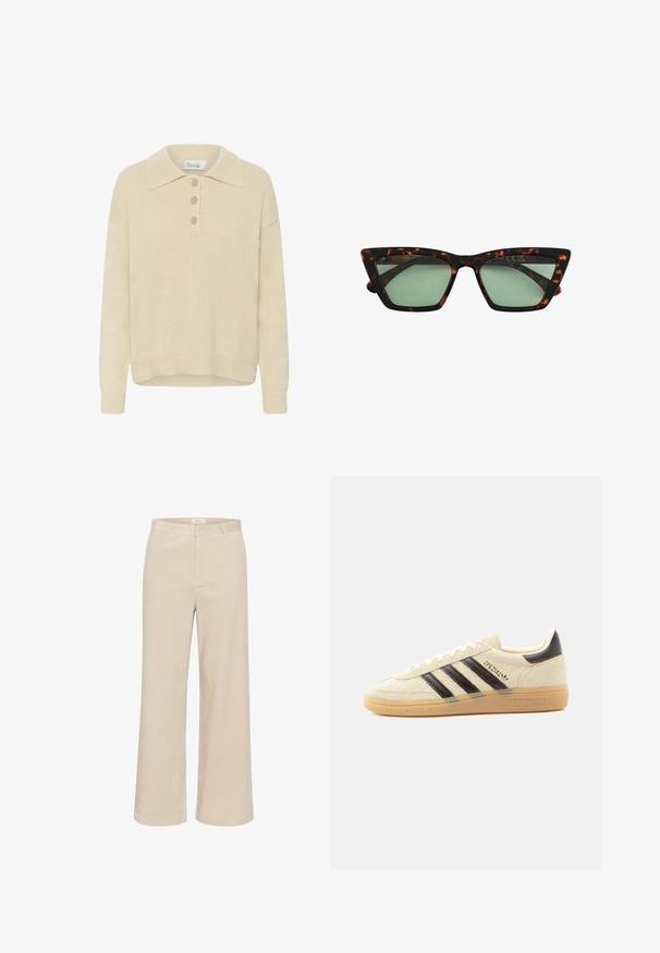 Suéter beige de punto con mangas largas, cuello doblado y tres botones beige en el centro frontal.; Pantalones de pana anchos en color beige con una textura acanalada sutil, lazos para cinturón, cierre frontal con cremallera y dos bolsillos laterales.; Zapatilla de ante color crema con rayas negras, suela de goma, lengüeta negra en el talón y texto dorado "SPEZIAL" en el lateral.; Gafas de sol estilo ojos de gato con montura carey, lentes tintadas en verde oscuro y diseño angular, exhibidas sobre un fondo blanco.
