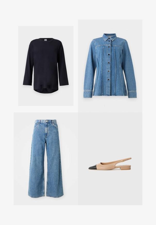 Schwarzes Langarmshirt mit Rundhalsausschnitt und leicht geschwungenem Saum, präsentiert vor einem hellgrauen Hintergrund.; Blaues Denim-Langarmhemd mit vorderen Knöpfen, spitzem Kragen, vertikalen Nähten und genähten Manschetten.; Hochbundige, hellblaue, weit geschnittene Jeans mit Frontknopf, Reißverschluss und Fronttaschen auf weißem Hintergrund.; Beige Leder Slingback-Schuh mit schwarzer spitzer Zehe, niedrigem quadratischem Absatz und dekorativer Schnalle am Knöchelriemen. Glatte Oberfläche.