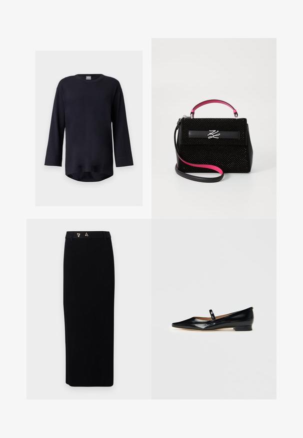 Sort langærmet t-shirt med rund hals og en let buet kant, vist mod en lysegrå baggrund.; AERON FORUM - Pencil skirt - black; Sorte patenterede læder Mary Jane flade sko med spids tå, én rem og lav hæl på ensfarvet baggrund.; Sort håndtaske med en struktureret overflade, der har et pink håndtag og skulderrem, sølv hardware og et logo-detalje på forsiden.