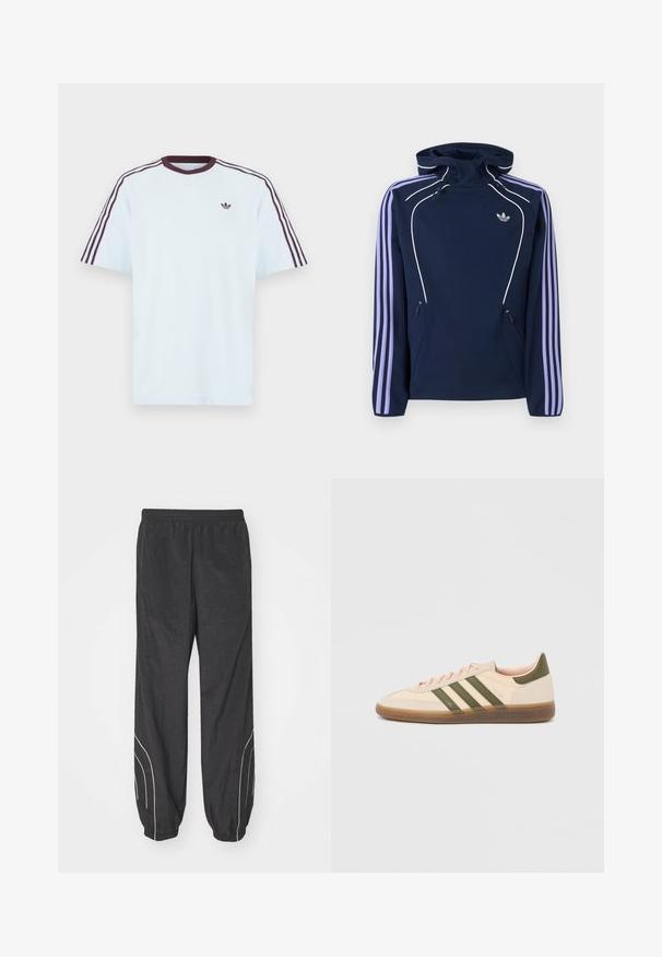 Μπλε ναυτικό φούτερ Adidas με ανοιχτό μωβ τρεις ρίγες στα μανίκια, τσέπες με φερμουάρ, κουκούλα με κορδόνι και άσπρη λεπτομέρεια σε περίγραμμα.; Φωτεινό γαλάζιο βαμβακερό T-shirt με κοντά raglan μανίκια, μπορντό ρίγες κατά μήκος των ώμων και μικρό λογότυπο στο στήθος.; Μαύρο παντελόνι windbreaker με ελαστική μέση, σφικτούς манίκες και λευκές λεπτομέρειες στις πλευρές. Κατασκευασμένο από ελαφρύ, υφασμάτινο υλικό.; Χαμηλού προφίλ μπεζ αθλητικό παπούτσι Adidas Spezial με πράσινες ρίγες, σόλα από καουτσούκ και την επωνυμία "SPEZIAL" στην πλευρά, εμφανίζεται από την εξωτερική πλευρά.