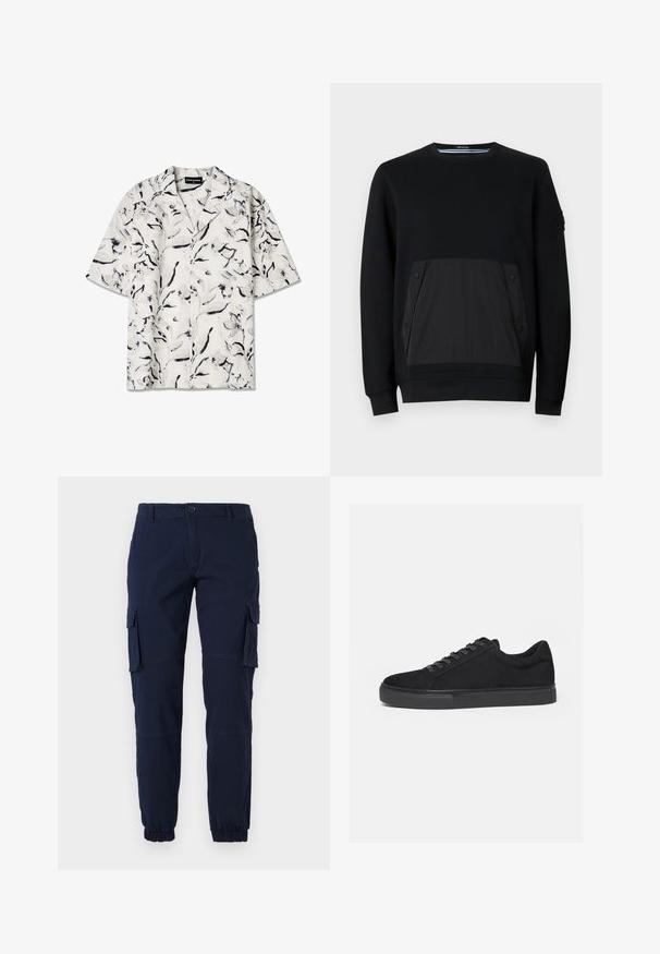 Zwarte sweatshirt met een getextureerde zwarte zak met drukknoopsluitingen, ronde hals en lange mouwen. Glad materiaal met een subtiele glans.; Korte mouw, open-kraag shirt met een witte basis en zwarte en grijze bloemenpatronen. Lichtgewicht stof met knoopdetails.; Marine cargo pants met elastische boorden, meerdere zijzakken en een ritssluiting. Gemaakt van een duurzame stof met een gladde textuur.; Zwarte lage sneaker met veterluiting aan de voorkant en platte rubberen zool, zijaanzicht op een witte achtergrond.