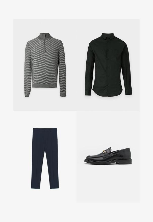 Grauer Pullover mit langen Ärmeln und diagonalem Streifenmuster in V-Form, mit halbem Reißverschluss, Stehkragen sowie gerippten Bündchen und Saum.; Schwarzes Langarmhemd aus glattem Stoff, mit durchgeknöpftem Vorderteil, klassischem Kragen und abgerundetem Saum, ohne sichtbare Muster oder Verzierungen.; Marineblaue formelle Hose mit maßgeschneidertem Design, glatter Textur und zwei Vordertaschen, mit klaren Linien und geradem Schnitt.; Schwarze Lederleter mit einer abgerundeten Zehenpartie, ausgestattet mit goldenen Hardwareakzenten und Stichdetails, auf einer niedrigen, strukturierten Gummisohle.